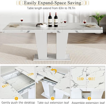Goujxcy 9-Piece Extendable Dining Table Set for 6-8 People 63-78 Inch Kitchen Table Set with 8 Grey Upholstered Chairs Modern White Faux Marble Rectangular Dining Room Table Set for Kitchen Apartment