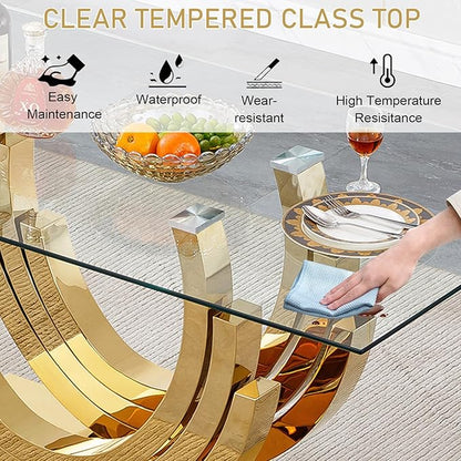 Dining Table for 4 6 People,70" Modern Glass Kitchen Dining Room Table with Tempered Glass Top and Gold Geometric Stainless Steel Pedestal,Luxurious Rectangle Dinner Table for Kitchen, Dining Room