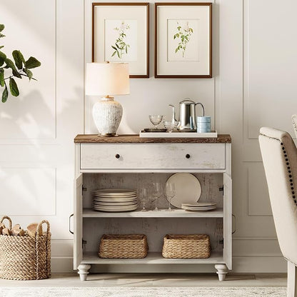 WAMAPT Buffet Cabinet with 6 Doors and 4 Drawers, Large Coffee Bar Table Wood Kitchen Storage Cabinets with Storage Cabinets, Modern Farmhouse Sideboard Credenza, Rustic White, 101 inch