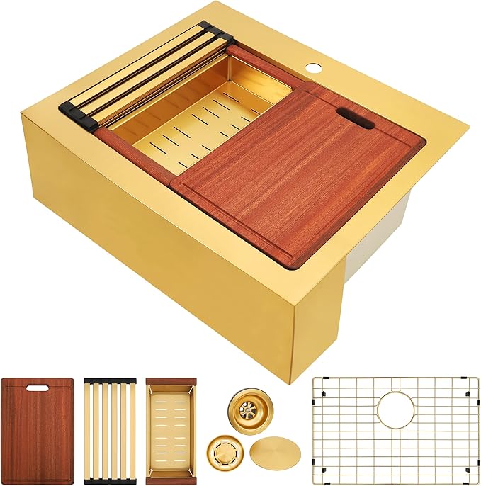 26 Inch Farmhouse Gold Sink, 16 Gauge 304 Stainless Steel Farm Sinks, Drop In Topmount Single Bowl Workstation Sink with all Accessories, 26" x 22" x 10" Deep Kitchen Sink