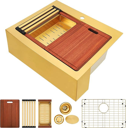 26 Inch Farmhouse Gold Sink, 16 Gauge 304 Stainless Steel Farm Sinks, Drop In Topmount Single Bowl Workstation Sink with all Accessories, 26" x 22" x 10" Deep Kitchen Sink