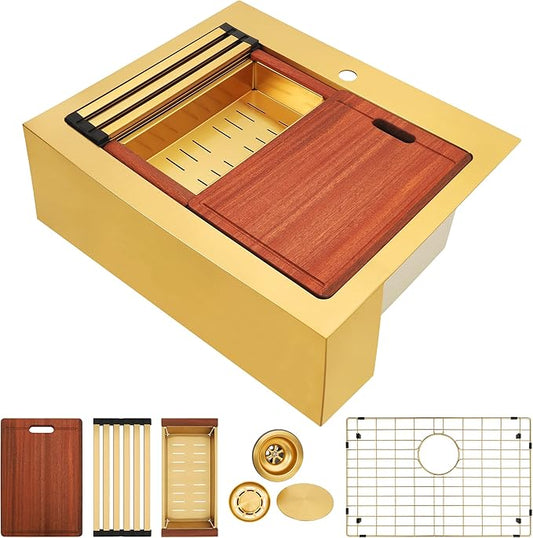 26 Inch Farmhouse Gold Sink, 16 Gauge 304 Stainless Steel Farm Sinks, Drop In Topmount Single Bowl Workstation Sink with all Accessories, 26" x 22" x 10" Deep Kitchen Sink