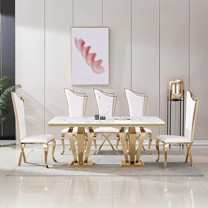 White Marble Dining Table for 4 6 8, Modern 68 Inch Kitchen Table with Faux Marble Top and Gold Dimaond Design Pedestal Base, Luxurious Rectangular Large Dining Room Table,Home Kitchen Furniture
