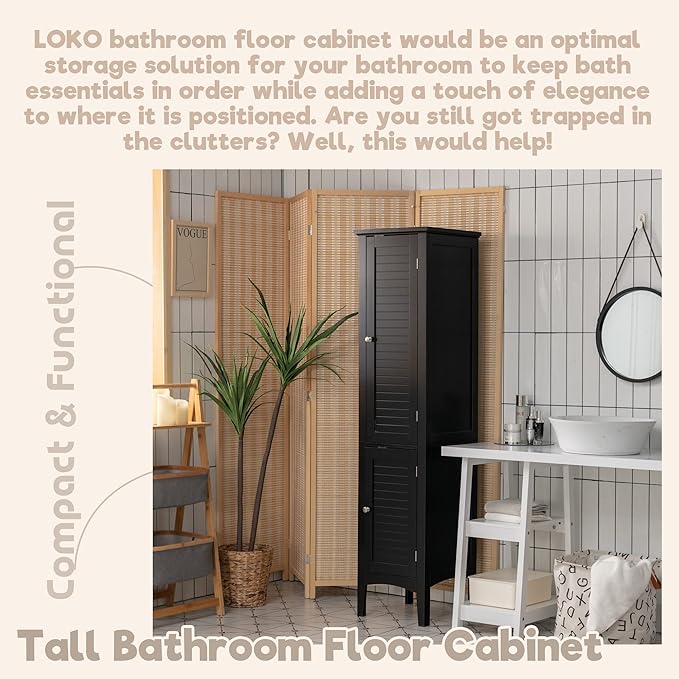 LOKO Tall Bathroom Floor Cabinet, Multifunctional Storage Cabinet with Doors, Narrow Slim Linen Tower for Bathroom, Living Room or Kitchen, 14.5 x 14.5 x 63 inches (Black)