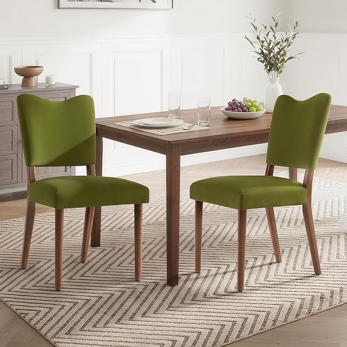 KISLOT Upholstered Dining Chairs Set of 6, Modern Velvet Kitchen Chairs with Solid Wood Legs, High Back Wooden Dining Room Chairs with Dark Walnut Color Legs for Farmhouse Kitchen Dining Room, Green