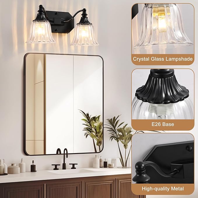 Black Vintage Bathroom Vanity Light Fixture, 2-Light Vanity Light for Bathroom, Antique Matte Black Finish with Crystal Glass Shade, Lighting Fixtures Over Mirror for Bedroom Living Room