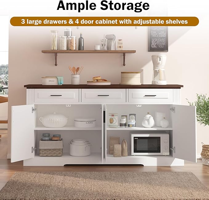 63" Large Buffet Sideboard with Storage, 32" Tall Kitchen Buffet Storage Cabinet with 3 Drawers, Modern Coffee Bar Cabinet with Handles, Long Sideboard Buffet Table for Kichen, Living Room (White-01)