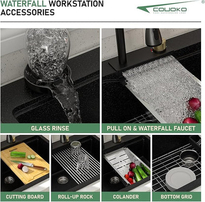 33x22 Drop In Waterfall Kitchen Sink Black Granite Composite Smart Kitchen Sink Multifunction Single Bowl Top Mount Black Multifunctional Waterfall Smart Sinks with Faucet Combo Glass Rinser