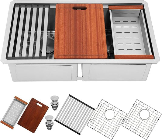 32 Inch Sink Undermount Double Bowl, 16 Gauge 50/50 Double Bowl Stainless Steel Workstation Sink, 32"x18"x10" Large and Deep Kitchen Sink With Accessories