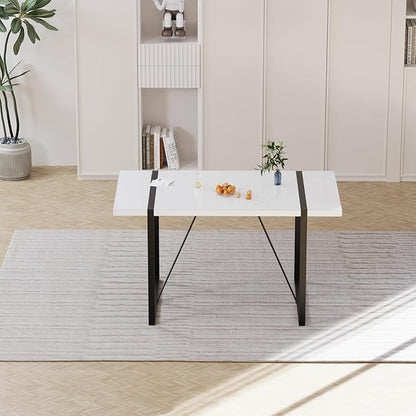 55" Stain-Resistant Dining Table, Kitchen Table with Metal Legs, Dinner Tables with Stable Frame for Dining Room & Living Space, White