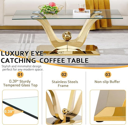 Henf Luxury Glass Coffee Table Set of 2 Piece Gold Living Room Table Set of 2 Including Coffee and End Table Set, Gorgeous Stainless Steel Frame, Clear Glass Top for Living Room Home Office Apartment