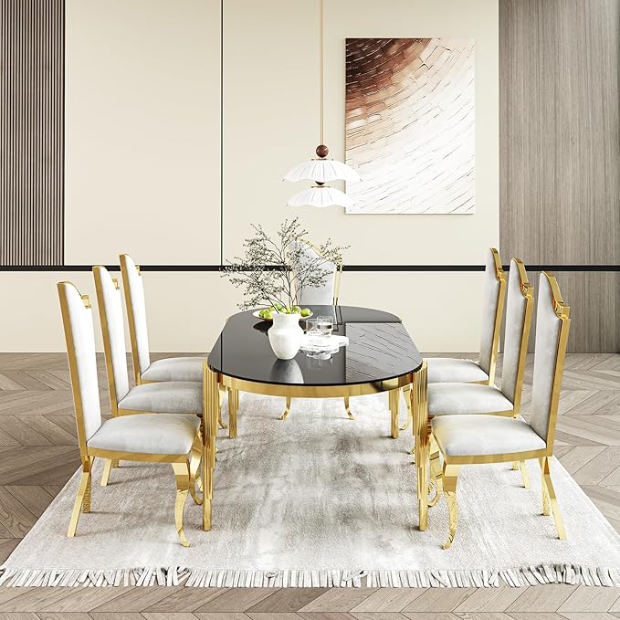 Luxury Modern 70" Oval Black Dining Table with Tempered Glass Top and Gold Stainless Steel Base – Elegant Dining Room Furniture