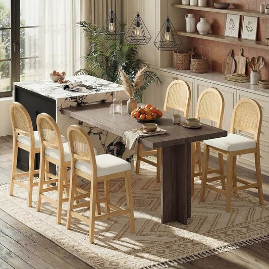 Rattan Counter Height Bar Stools Set of 6, Upholstered Farmhouse Barstools with Natural Rattan Back, Wooden Legs for Kitchen Island, Natural/Linen,2 Box