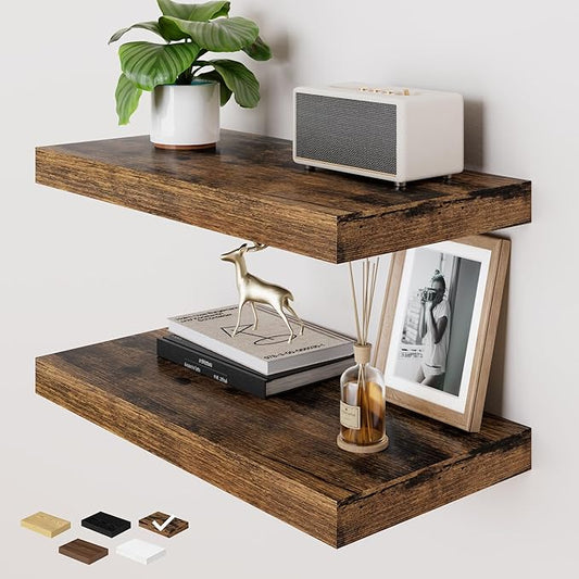 RICHFOCUS Deep Floating Shelves for Wall 2 Pack 12" D 24 Inch Wall Shelves for Room Wall|Wood Hanging Shelf with Invisible Brackets for Bathroom Bedroom Kitchen Laundry Room, Rustic Brown