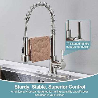 LED Kitchen Faucets with Pull Down Sprayer, Brushed Nickel Modern Single Handle Stainless Steel Pull Out Spring Sink Faucet with LED Light for RV Bar Farmhous Laundry Outdoor