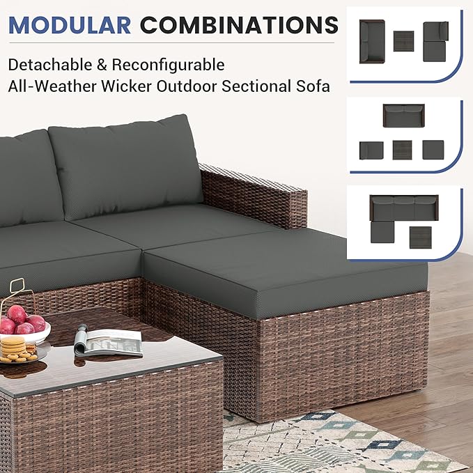 UDPATIO 5 Piece Patio Furniture Set, All-Weather Wicker Outdoor Sectional Sofa,Rattan L Shaped Outdoor Conversation Patio Sectional with Ottoman, Glass Table for Balcony Porch Backyard,Grey