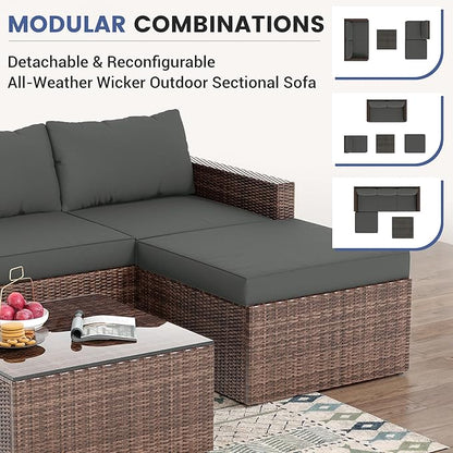 UDPATIO 5 Piece Patio Furniture Set, All-Weather Wicker Outdoor Sectional Sofa,Rattan L Shaped Outdoor Conversation Patio Sectional with Ottoman, Glass Table for Balcony Porch Backyard,Grey