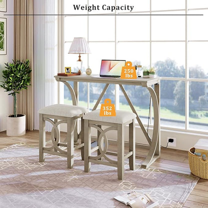 Merax Farmhouse 3-Piece Counter Height Dining Table Set with USB Port and 2 Upholstered Stools, Cream