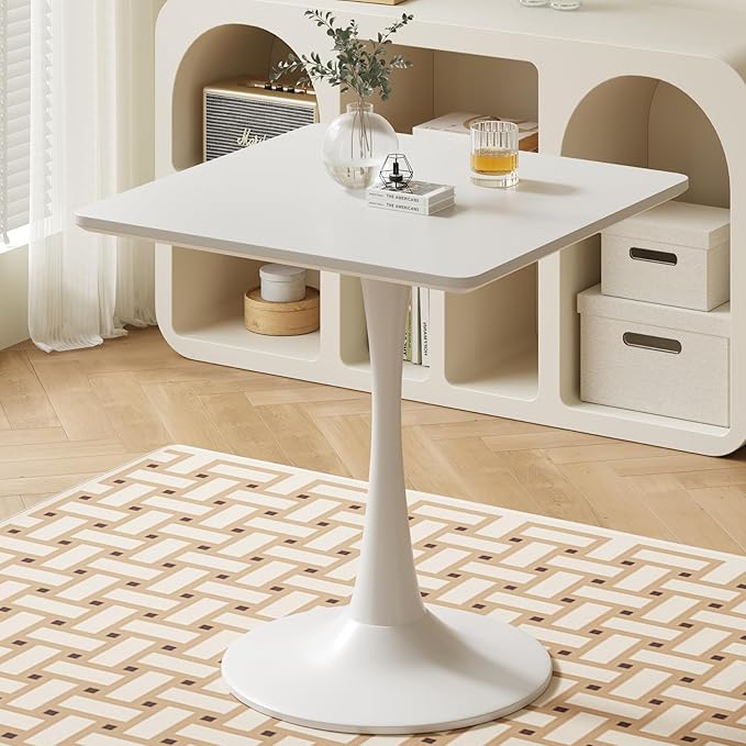 White Square Tulip Table for 2 Person, 24 Inch Small Dining Table with Pedestal Base for Two, Mid Century Modern Tulip Tables for Kitchen, Living Room, Cafe, Coffee, Office, Bistro, Pub, Bar, Wood Top