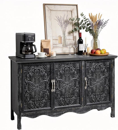 RoyalCraft Buffet Cabinet with Storage, Vintage Solid Wood Sideboard with 3 Carved Doors, Painted Coffee Bar Console Table for Dining Room, Living Room, Kitchen, Distressed Black