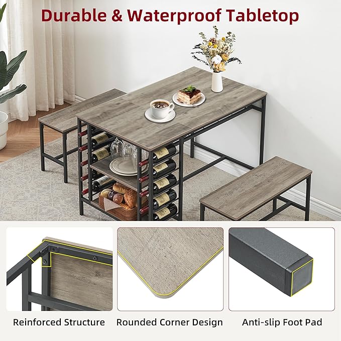 Garvee Dining Table Set for 4, Kitchen Table Set for 4 with 2 Benches, 3 Piece Dining Room Table Set for Small Space Apartment, Grey