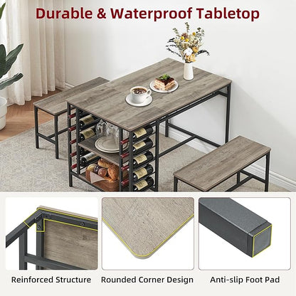 Garvee Dining Table Set for 4, Kitchen Table Set for 4 with 2 Benches, 3 Piece Dining Room Table Set for Small Space Apartment, Grey