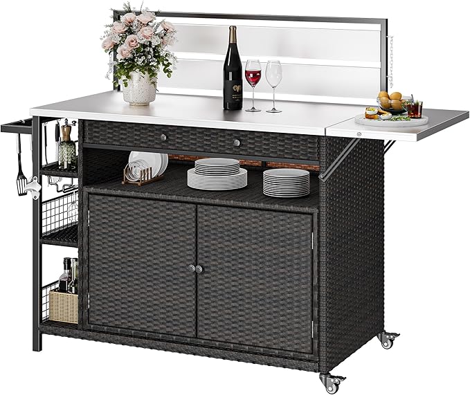 DWVO XL Outdoor Bar Table & Storage Cabinet, Wheels and Stainless Steel Extended Table Top, Patio Bar Table with Side Handle for Patio Kitchen or Bar Cart, Dark Brown