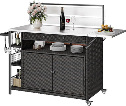 DWVO XL Outdoor Bar Table & Storage Cabinet, Wheels and Stainless Steel Extended Table Top, Patio Bar Table with Side Handle for Patio Kitchen or Bar Cart, Dark Brown