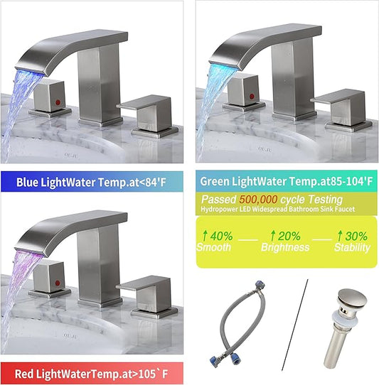Bathroom faucets 3 Hole Widespread Brushed Nickel Bathroom Sink Faucet 8 inch LED Light Modern 3 Hole Vanity Faucet Bathroom with Pop Up Drain (Brushed Nickel)