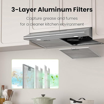 FIREGAS 30 Inch Under Cabinet Range Hood, 300 CFM Ducted/Ductless Kitchen Vent Hood Over Stove, 3-Speed Exhaust Fan with LED Light, Reusable Filter & Charcoal Filter, Stainless Steel