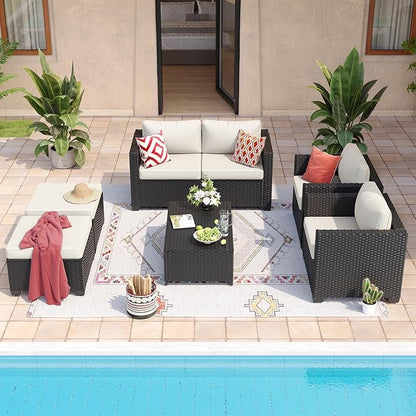 Aoxun 7 Piece Outdoor Patio Furniture Set 6 Seats, Outdoor Sectional with Thick Waterproof Cushions, Patio Conversation Sets for Garden,Backyard, Porch, Balcony, Deck, Black & Beige