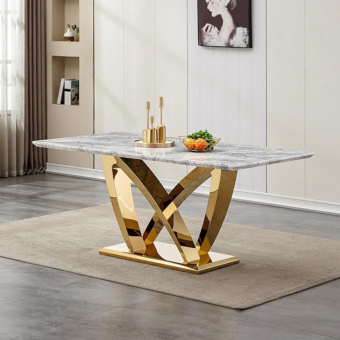 70" Faux Marble Dining Table for 6-8 People, Modern Rectangular Kitchen Table with Gold Mirror Finish Stainless Steel Base, Large Dining Room Table (Gold + Grey, Type2 + 70" Rectangle)