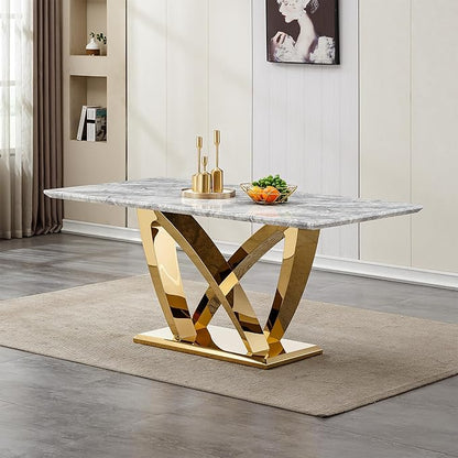 70" Faux Marble Dining Table for 6-8 People, Modern Rectangular Kitchen Table with Gold Mirror Finish Stainless Steel Base, Large Dining Room Table (Gold + Grey, Type2 + 70" Rectangle)