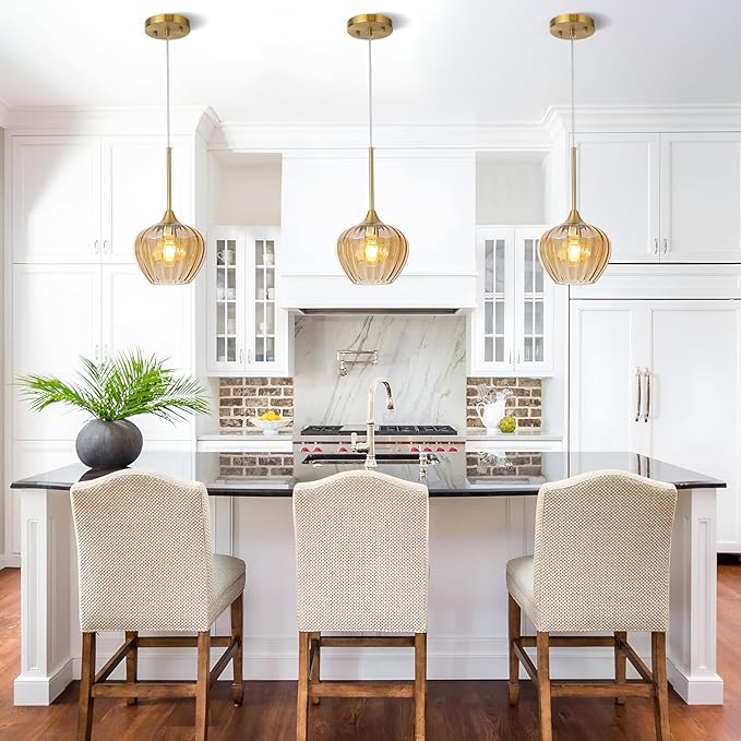 7 Inch Amber Glass Pendant Lights Kitchen Island, Modern Adjustable Pendant Light Fixtures Vintage Gold Ceiling Hanging Lamp for Dining Room Bathroom Bedroom
