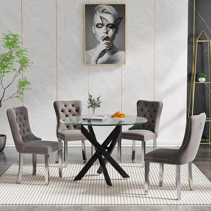 35.43'' Round Glass Dining Table,Modern Kitchen Table for 2-4 People,Dining Room Table with Tempered Glass Top and Metal Legs for Kitchen Apartment