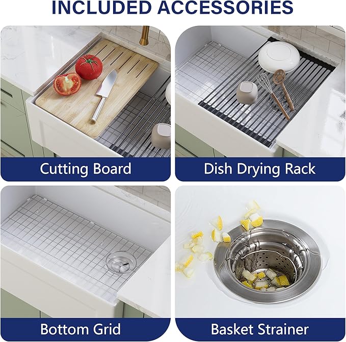 DeerValley White Farmhouse Workstation Sink 30 inch, Reversible Fireclay Deep Single Bowl Apron Front Kitchen Sink, Undermount Farm Sink with Ledge and Accessories