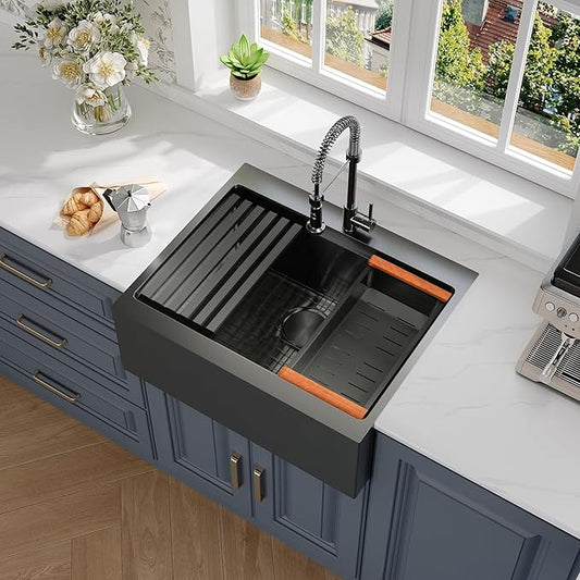 Rhbamoa Black Farmhouse Sink,Black Stainless Steel Drop in Farmhouse Sinks,Small Topmount Workstation Sinks,26 inch Single Bowl Apron Front Kitchen Farm Sink with All Accessories