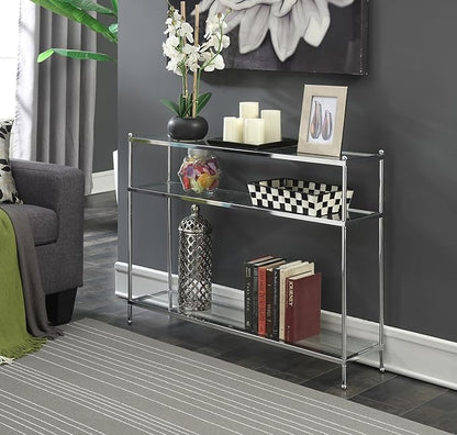 Convenience Concepts Royal Crest Glass Console Hall Table 42" - 3 Tier Modern, Contemporary Narrow Display Accent with Storage Shelves for Living Room, Entryway, Hallway, & Bedroom, Chrome