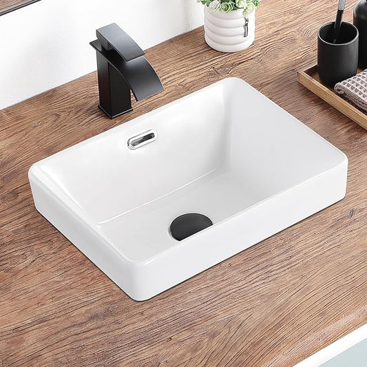 Bathroom Vessel Sink 15.5'' x 11.9'' Small Semi Recessed Bathroom Sink Rectangular Drop In Sink with Overflow White Ceramic Modern Vessel Sinks for Bathroom