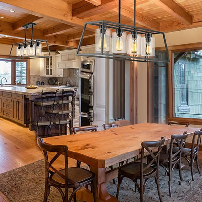 Black Farmhouse Chandeliers for Dining Room, Rustic Kitchen Island Light Fixture, 4-Lighting Linear Pendant Lamp Kitchen Island with Glass Shade ，Apply to Dining Room Light fixtures Over Table