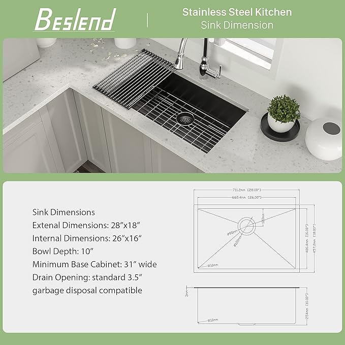 28 Inch Black Undermount Kitchen Sink - Beslend 28"x18"x10" Gunmetal Black Stainless Steel 16 Gauge 10 Inch Deep Single Bowl Kitchen Sink Basin
