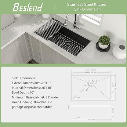 28 Inch Black Undermount Kitchen Sink - Beslend 28"x18"x10" Gunmetal Black Stainless Steel 16 Gauge 10 Inch Deep Single Bowl Kitchen Sink Basin