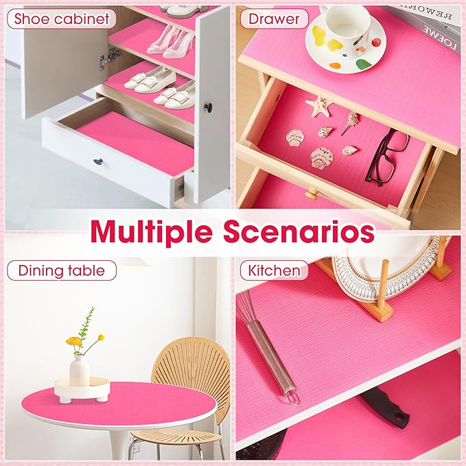 Drawer and Shelf Liner, Non-Slip Kitchen Cabinet Liners Non-Adhesive Thick Strong Grip Waterproof Washable Mats Protect Dresser Shelves Cupboard Bathroom Cabinets, Fuchsia, 12 in X 20 FT
