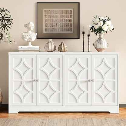 RoyalCraft Sideboard Buffet Cabinet with Storage, 56" Modern Sideboard with 4 Carved Doors and Adjustable Shelves, Large Wood Coffee Bar Console Table for Kitchen, Dining Room, Satin White