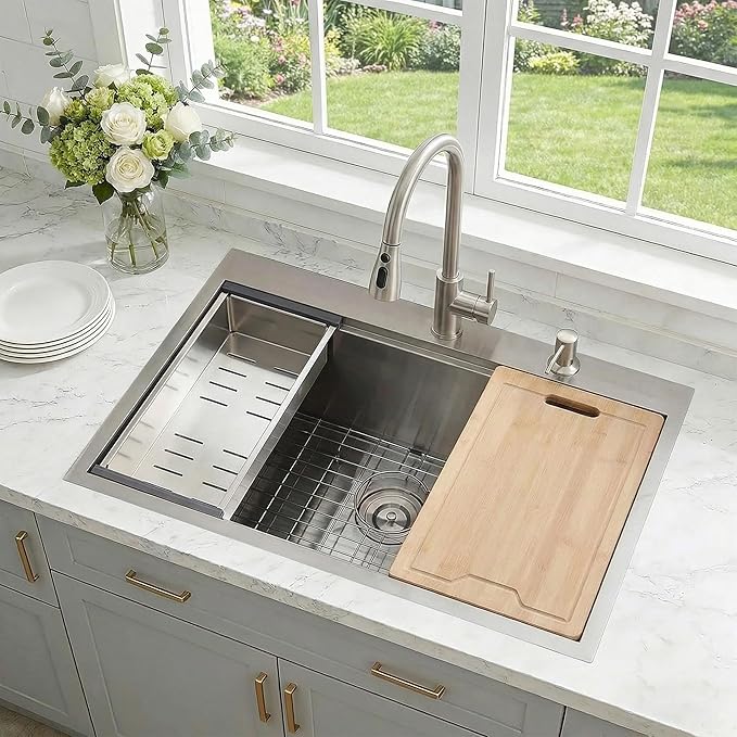 KINGO HOME Drop in Kitchen Sink,33"x 22" Inch Stainless Steel Kitchen Sinks,Brushed Nickel Single Bowl Basin Handmade Topmount workstation sink With Dish Grid,Dish Drainer,Cutting Board and Basket