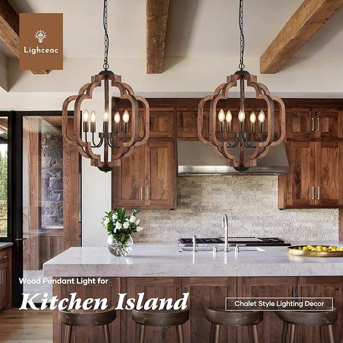 20.5" Farmhouse Vintage Chandelier 5-Light for Dining Room Rustic Handmade Wood Hanging Ceiling Pendant Light Fixture for Entryway Brown Retro Chandeliers for Kitchen Bedroom Foyer Hallway