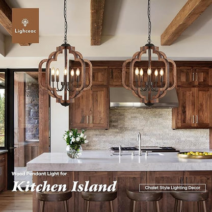 20.5" Farmhouse Vintage Chandelier 5-Light for Dining Room Rustic Handmade Wood Hanging Ceiling Pendant Light Fixture for Entryway Brown Retro Chandeliers for Kitchen Bedroom Foyer Hallway
