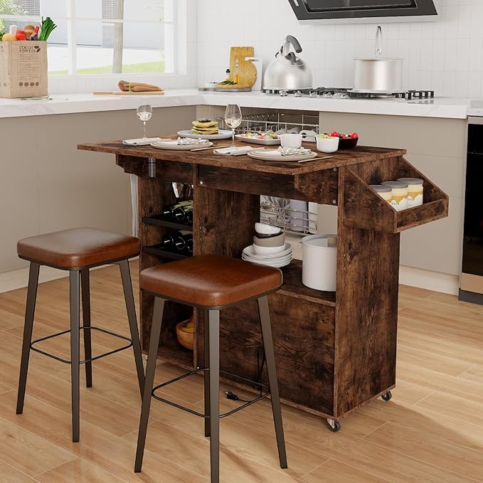 Giantex Rolling Kitchen Island Cart with Drop Leaf, Power Outlet, Spice Rack, 12 Wine Rack, Glass Holder, Drawer, Storage Cabinet, Towel Rack, Island Table for Breakfast Coffee Bar (Rustic Brown)