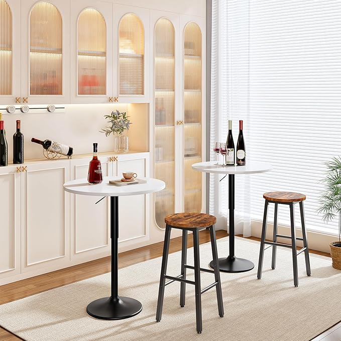 HOOBRO Bar Table, Height-Adjustable Round Pub Table 27-35.4 Inches with Sturdy Base, Modern Style, Easy to Assemble, Suitable for Small Space, White BW58BT01G1