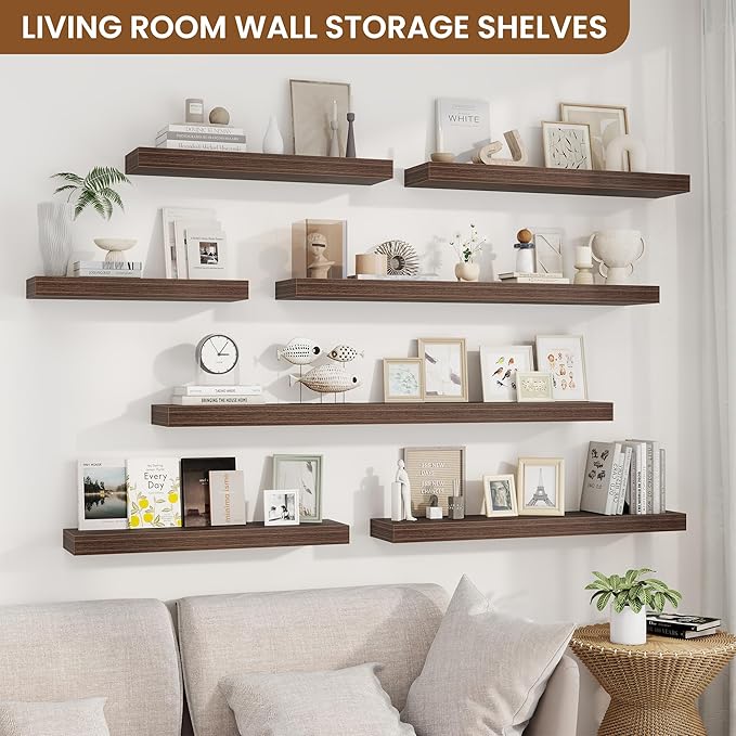 fuqing Floating Shelves for Wall, Wall Mounted Wood Floating Shelf with Invisible Brackets for Living Room, Bathroom, Bedroom, Kitchen Storage and Decor, 55 Inch Set of 2, Walnut